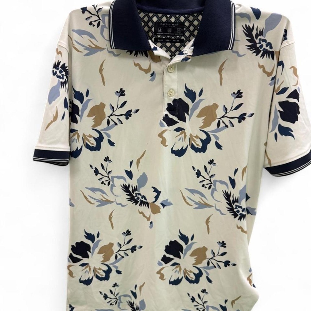 Cactus Man Ricky Singh Floral Polo Shirt Mens Small White Navy 8-Way Stretch